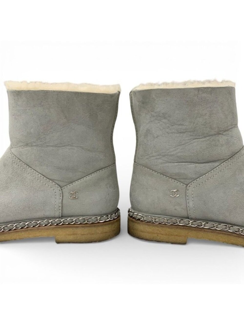 Chanel Boots Short Shoes Suede Fabric Light Gray Black CC Logo Chain Shearling - Picture 9 of 10